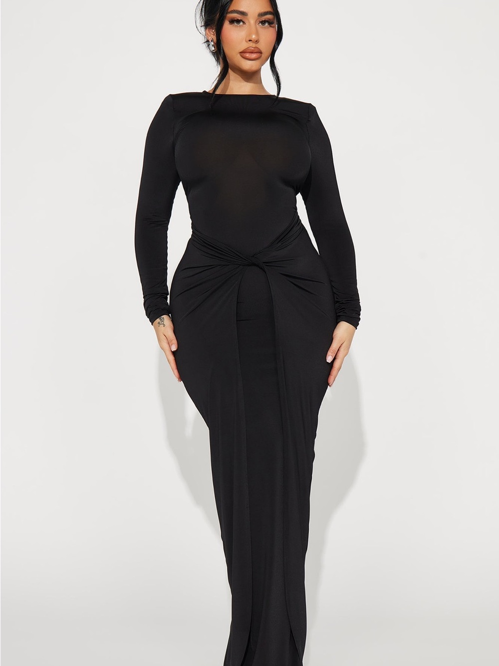 Fashion Nova Black Long-Sleeve Knot-Front Maxi Dress